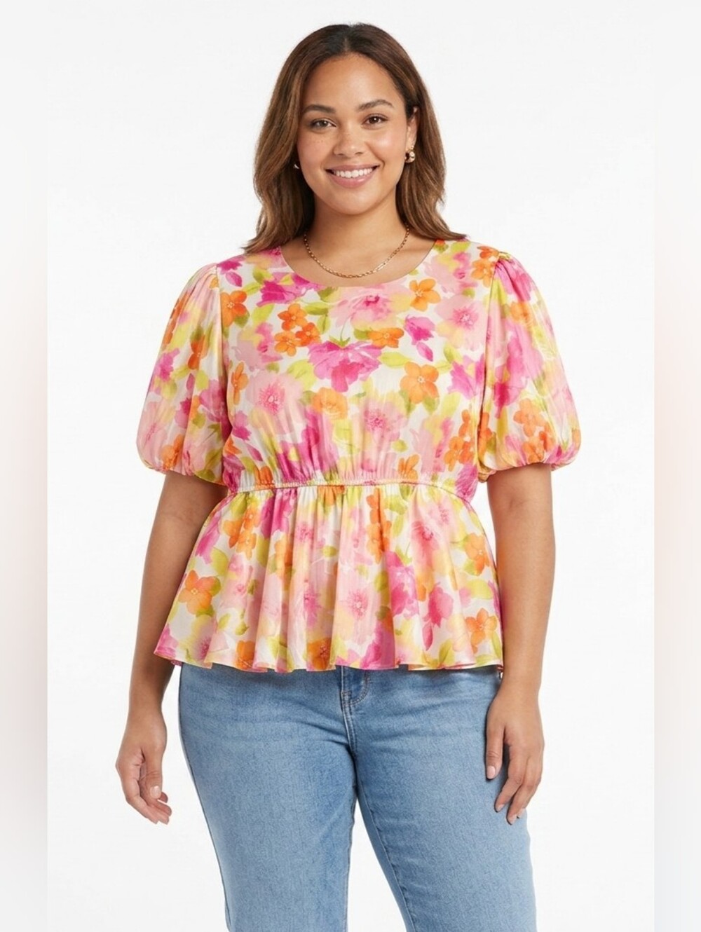 Hayden Los Angeles Satin Soft Floral Bubble Hem Foiled Peplum Top Size 3XL